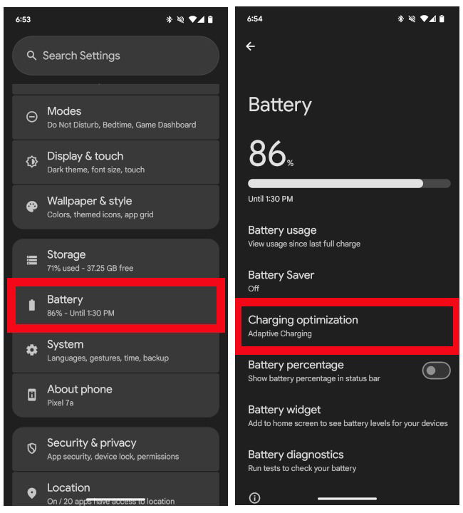 Accéder au menu d'optimisation de la charge à partir des paramètres de la batterie