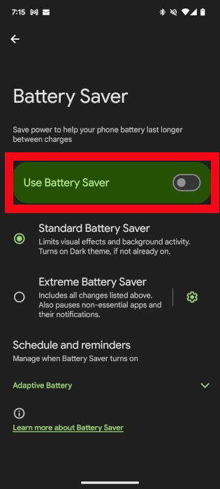 Activer l'économiseur de batterie pour le téléphone Android