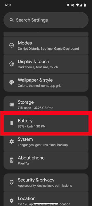 Menu de la batterie Android