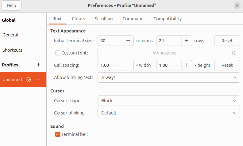 Fenêtre Préférences du terminal Ubuntu