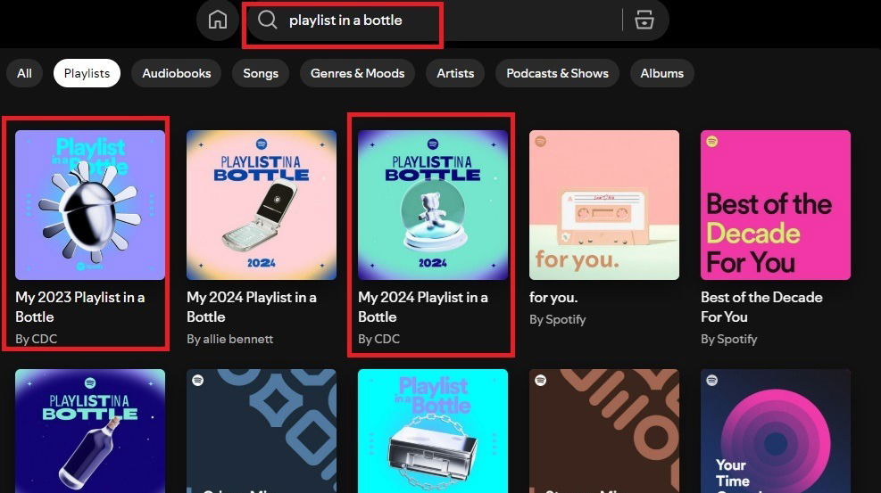 Recherche de playlist dans une bouteille.