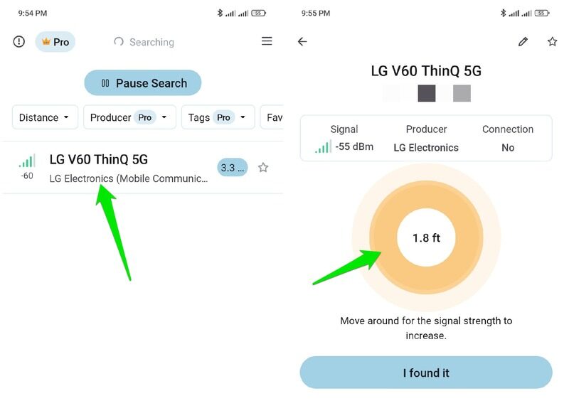 Application UFIND montrant un appareil Bluethooth environ l'emplacement