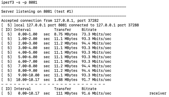 Un terminal montrant les résultats d'un test IPERF3 via un tunnel SSH.