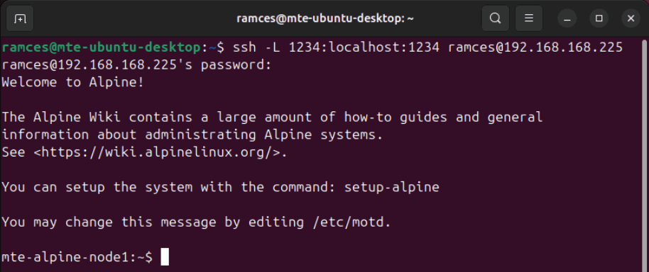 Un terminal montrant la commande pour créer un seul tunnel SSH dans Ubuntu Linux.