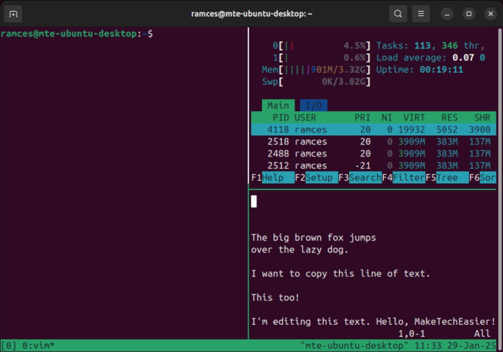 Un terminal montrant les tailles de volet par défaut dans une disposition ALT + 4 TMUX.
