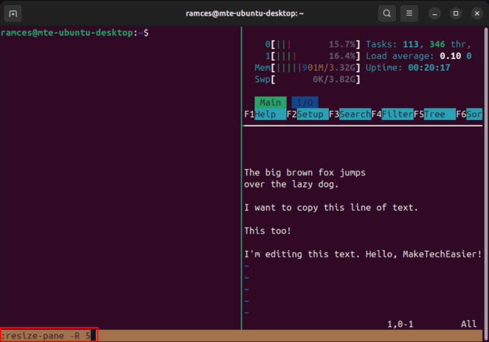 Un terminal mettant en évidence la commande redimensip-pane dans le tampon TMUX.