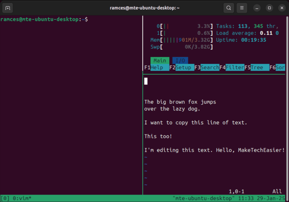 Un terminal montrant les tailles de volet de réglage dans TMUX.