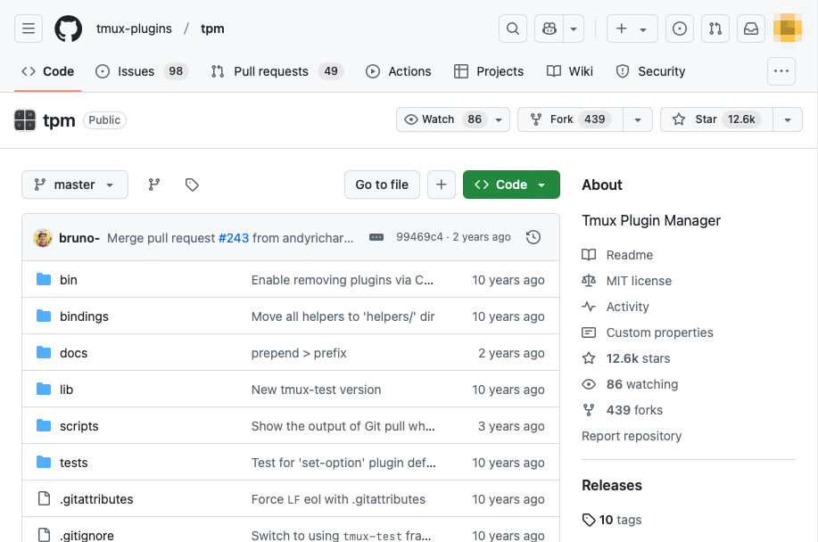 Une capture d'écran affichant la page GitHub du gestionnaire de plugin TMUX.
