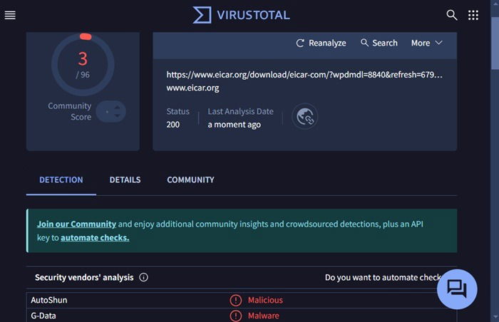 Virustotal, un site Web de numérisation antivirus en ligne enquêtant, des virus malveillants dans une URL.