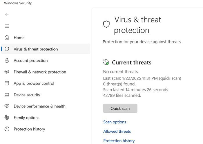 Exemple de base d'une solution antivirus, Microsoft Defender Antivirus, dans le cadre de Windows Security.