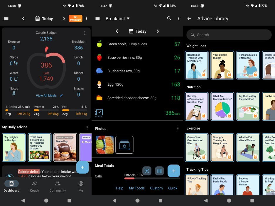 Présentation de l'interface de l'application MyNetDiary.