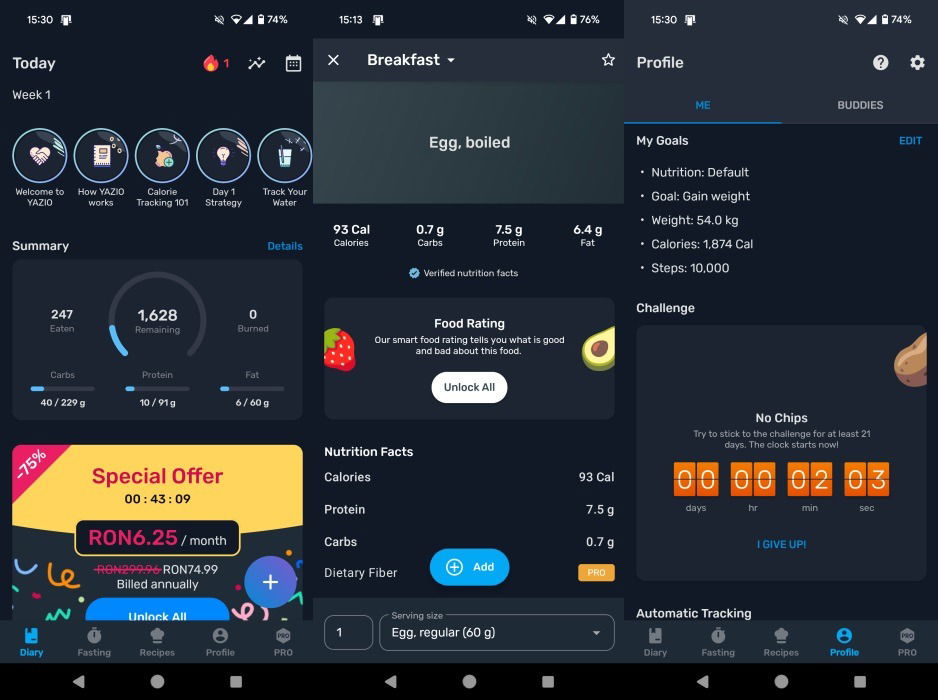 Présentation de l'interface de l'application Yazio.