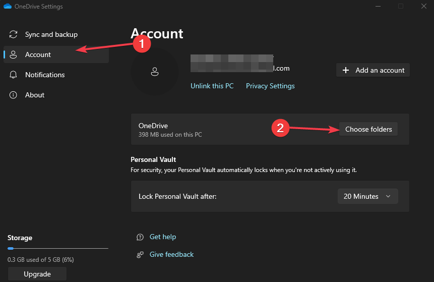Paramètres OneDrive Choisir le dossier