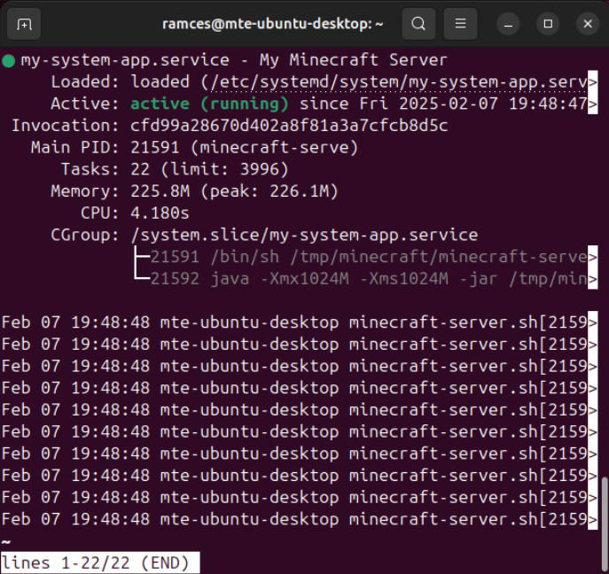 Un terminal montrant le service personnalisé fonctionnant correctement.