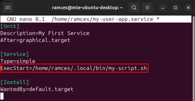 Un terminal mettant en évidence le script utilisateur avec un accès utilisateur régulier.