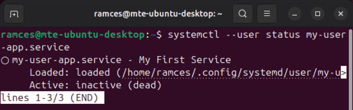 Un terminal montrant le service utilisateur personnalisé reconnu dans SystemCTL.