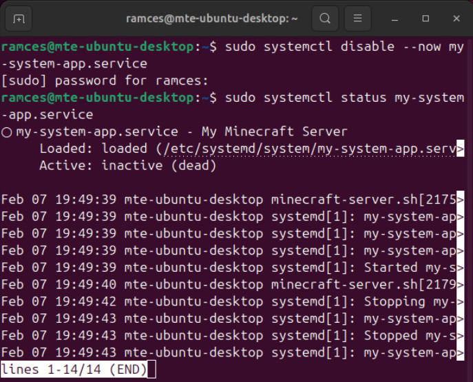 Un terminal montrant les détails d'un service entièrement désactivé.