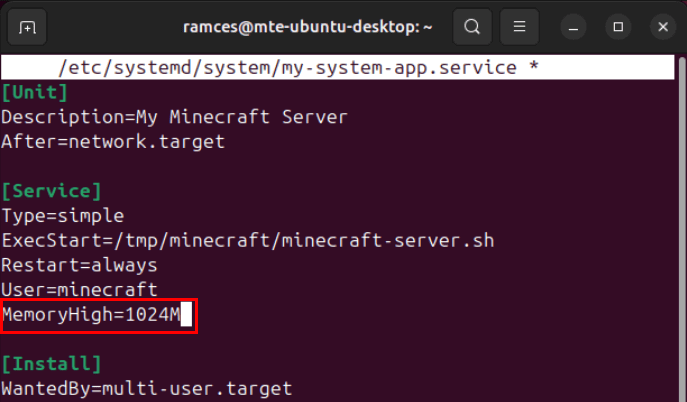 Un terminal mettant en évidence la valeur de mémoire modifiée pour le service personnalisé.