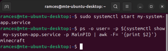Un terminal montrant le propriétaire actuel du processus système.