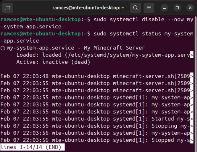 Un terminal montrant un service système désactivé.