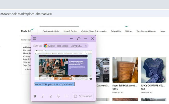 Une note collante apparaissant lors de la visite d'un site Web.