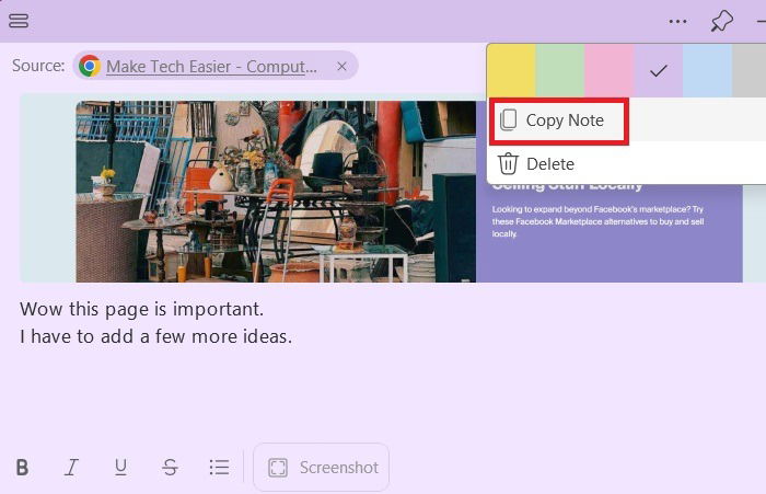 Copier la fonctionnalité de note dans la nouvelle application Sticky Notes.