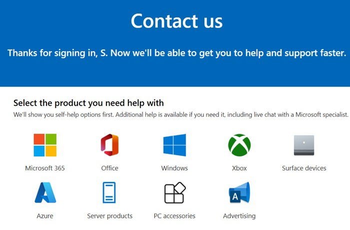 Choisissez votre produit Microsoft pour le chat et d'autres supports.