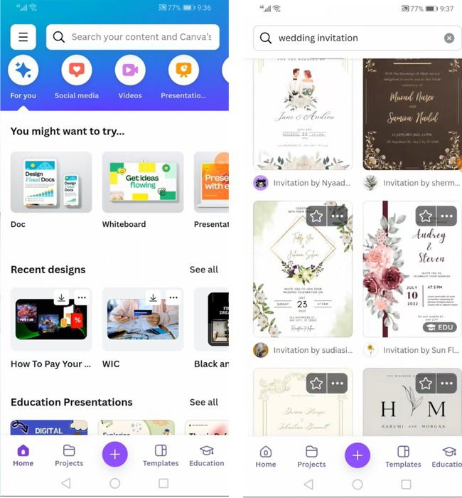 Création d'une invitation de mariage sur Canva.