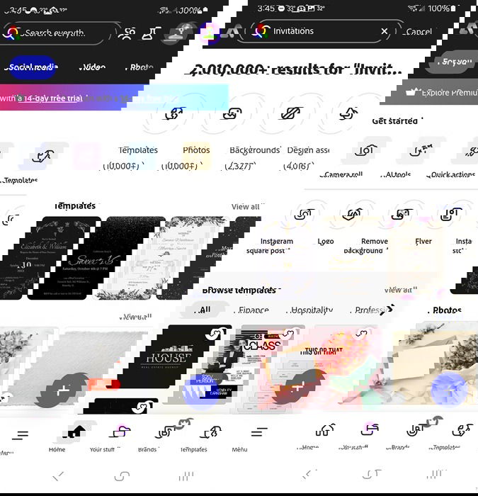 Affichage des modèles d'invitation dans Adobe Express.
