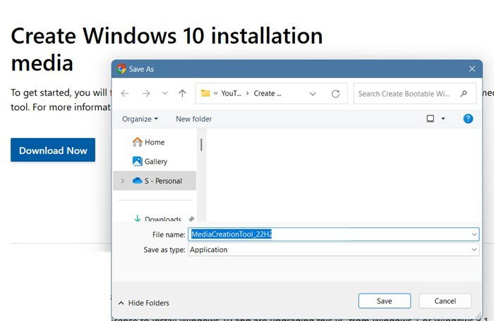 Télécharger l'application de l'outil de création de médias Windows 10 sur un PC.