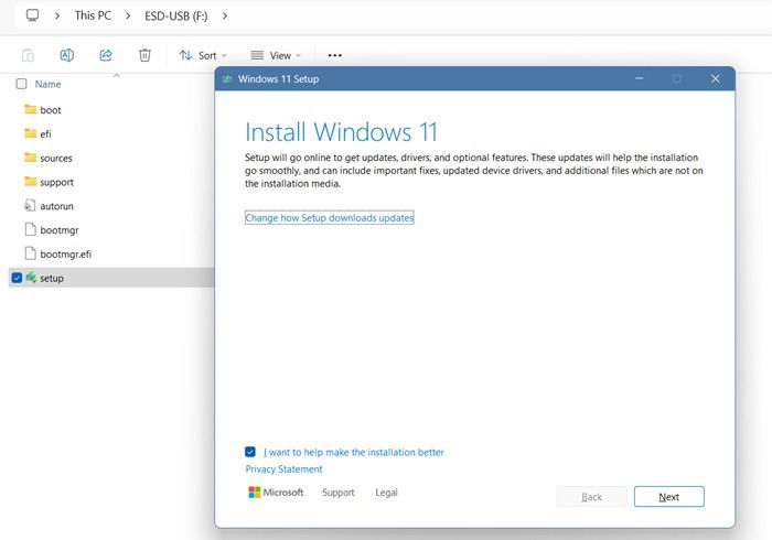 Installez Windows 11 à partir d'un fichier de configuration sur un lecteur F amovible.