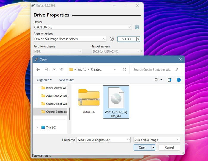 Insérez Windows 11 ISO dans Rufus pour G Drive en cliquant