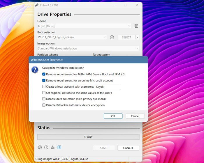 Installation personnalisée Windows 11 à l'aide de Rufus.