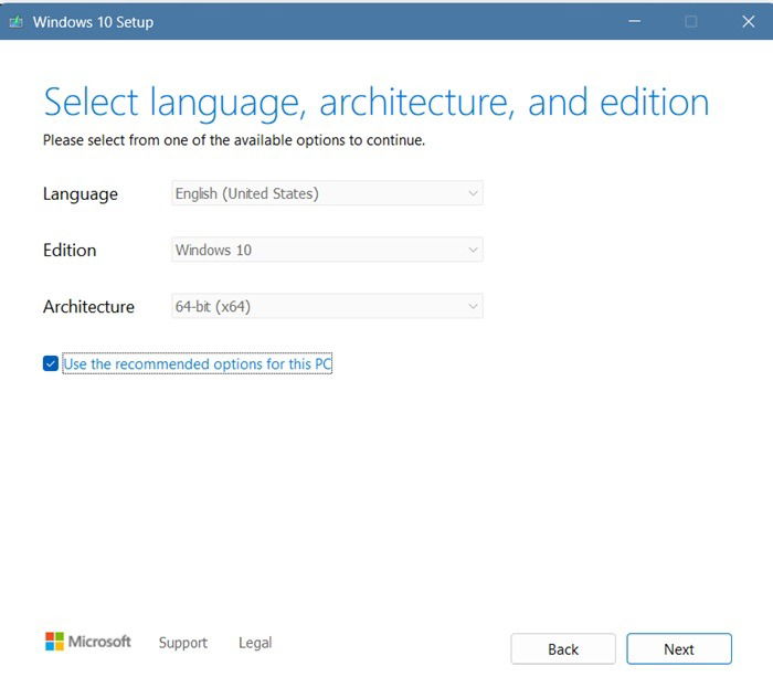 Sélection de la langue, de l'architecture et de l'édition dans Windows 10 pour l'outil de création de médias.