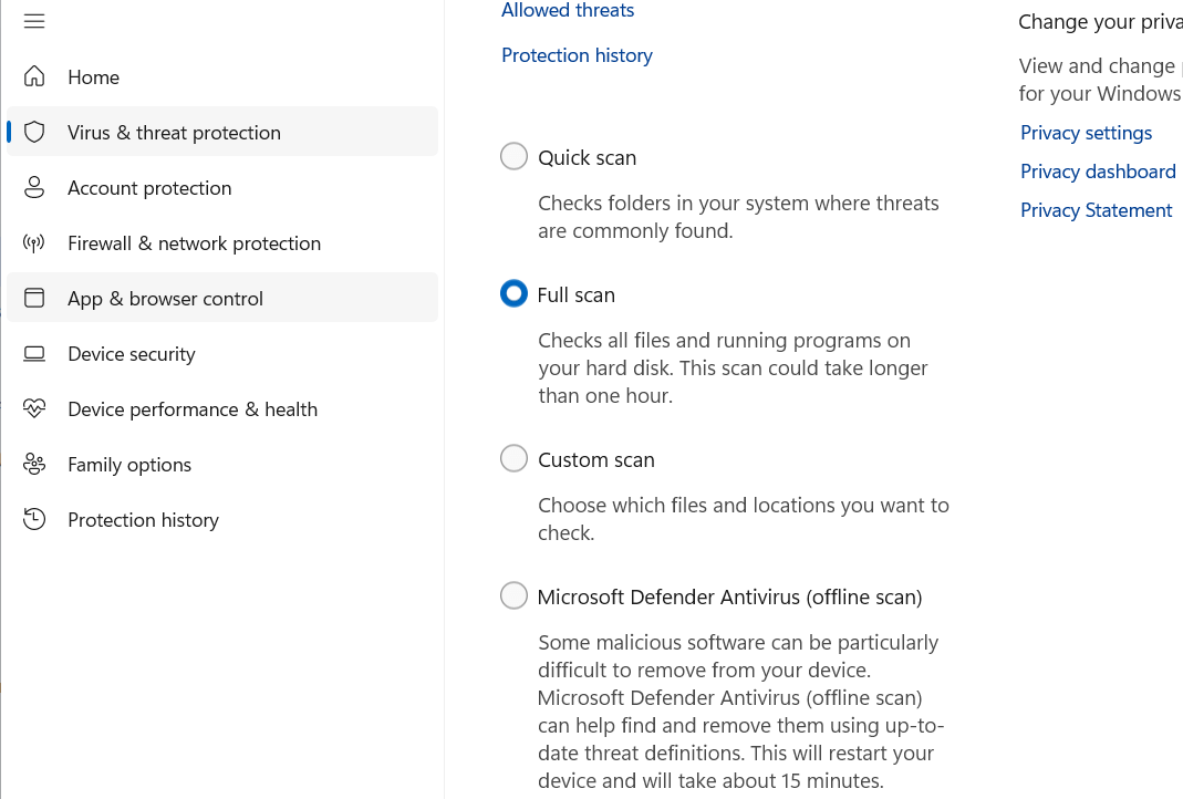 Liste de sécurité Windows des analyses