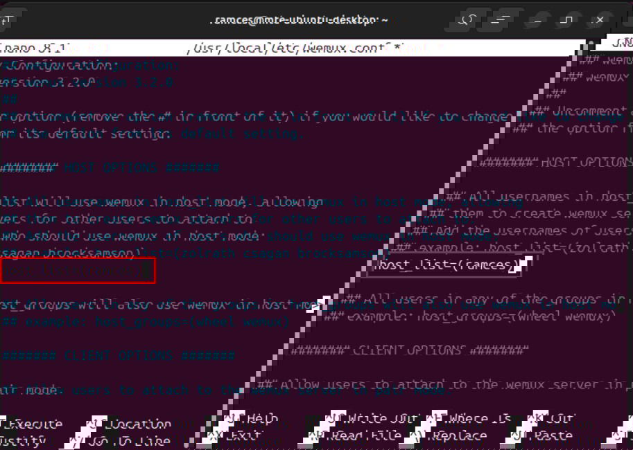 Un terminal mettant en évidence la variable host_list sur le fichier de configuration Wemux.