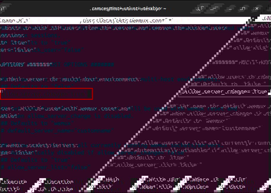 Une capture d'écran mettant en surbrillance la variable Allow_Server_Change sur le fichier de configuration Wemux.