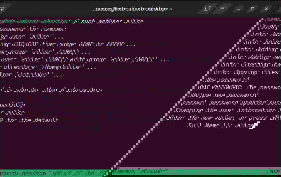 Un terminal montrant le processus de création d'un nouvel utilisateur invité pour Wemux.