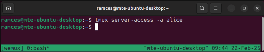 Un terminal montrant la commande TMUX pour permettre un accès invité sur Wemux.