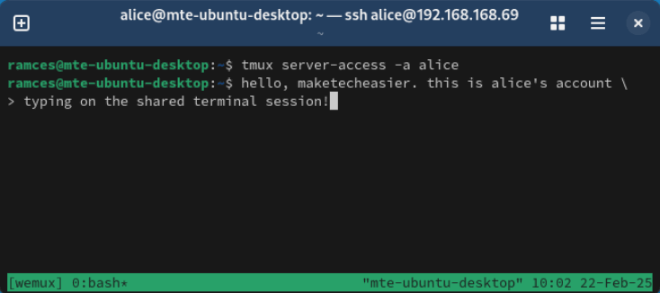 Un terminal montrant l'utilisateur invité ayant des privilèges d'édition sur la session TMUX partagée.