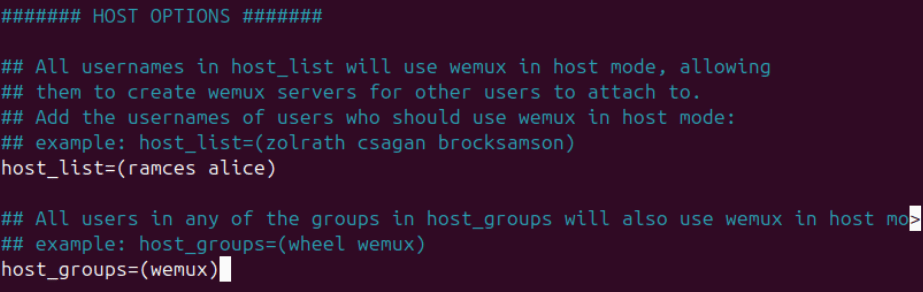 Un terminal montrant les autorisations spécifiques au groupe pour l'édition de privilèges dans Wemux.