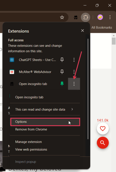 Appuyez sur le bouton Options dans le menu Extensions dans Chrome sur PC.