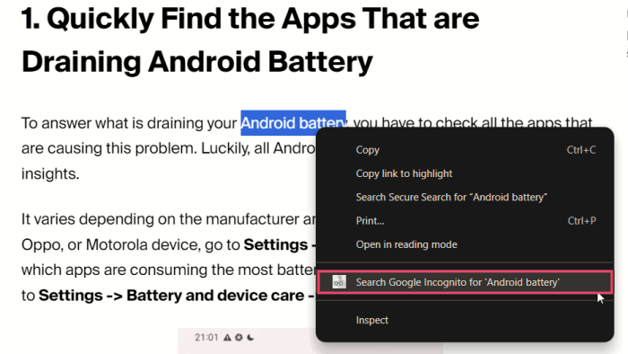 Cliquez sur l'option pour rechercher le terme dans Incognito dans Chrome.