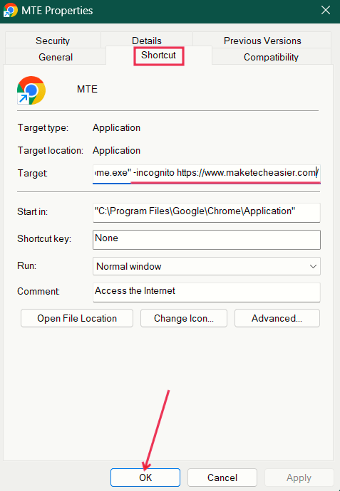 Ajout de code dans le champ cible de raccourci chrome sur le PC Windows.