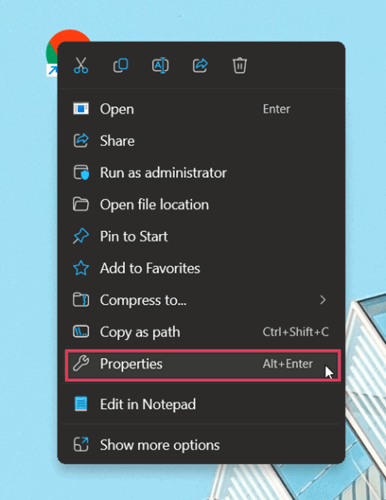 Accès aux propriétés à partir du menu contextuel sur PC Windows.