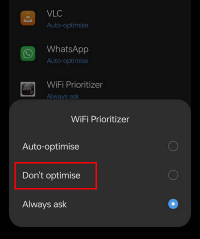 N'optimisez pas l'application d'arrière-plan dans Android