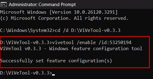 Vivetool ENABLE Activer