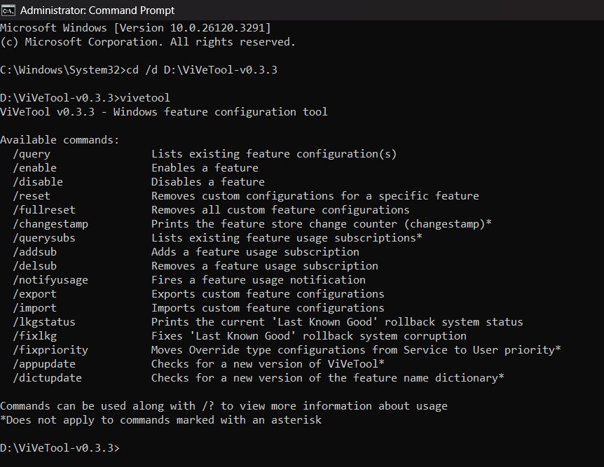 Liste de commandes de ViveTool