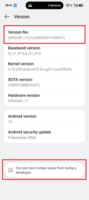 Numéro de version sur la page de version