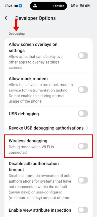 Paramètre de débogage sans fil